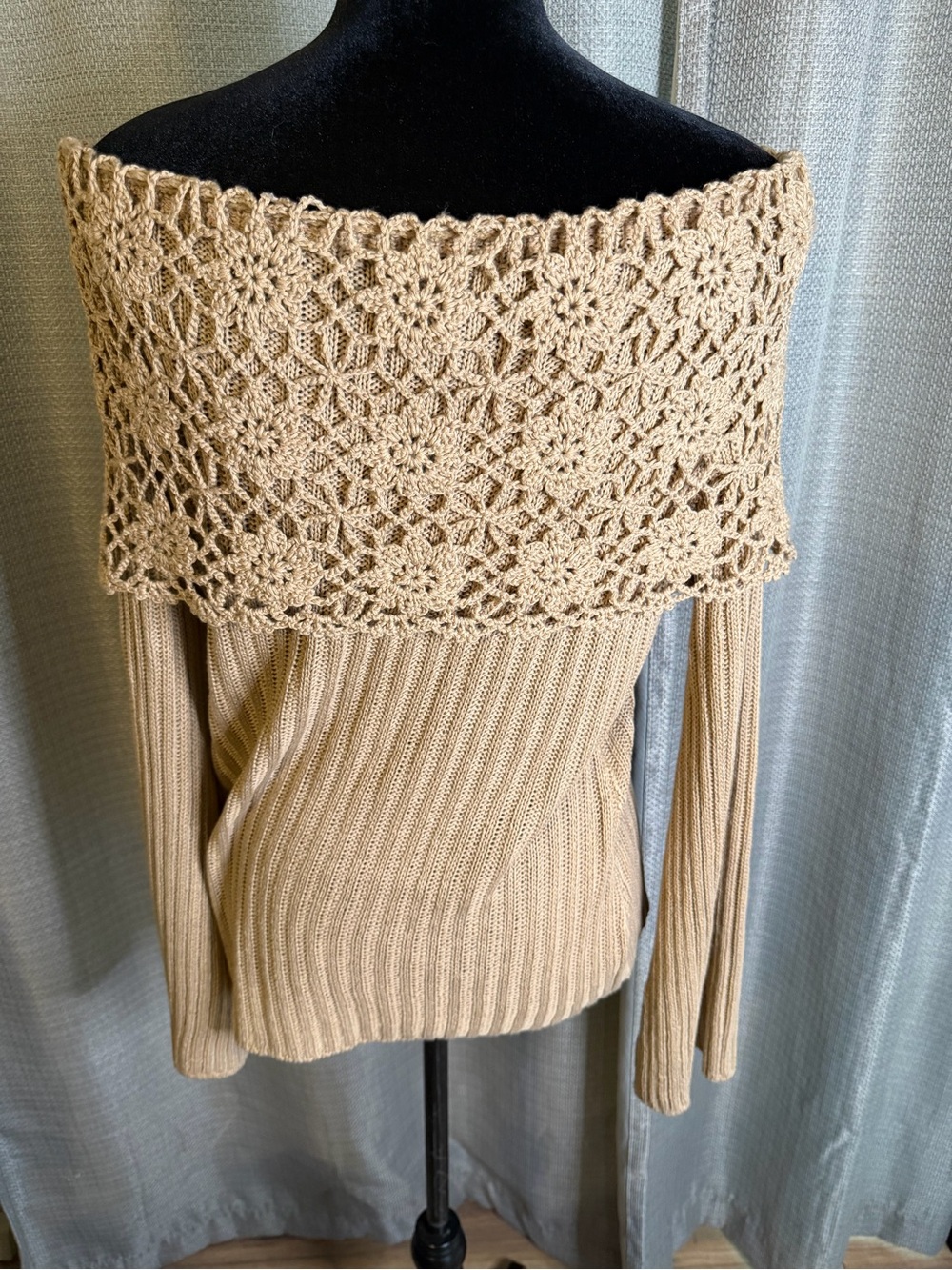 &Merci Crochet Yoke Off-Shoulder Sweater in Beige - Picture 3 of 6
